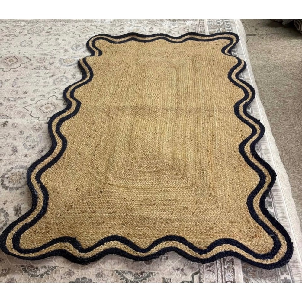 Handmade Jute Rug 3x5 Natural Tan Navy Blue Scalloped Border Boho Coastal